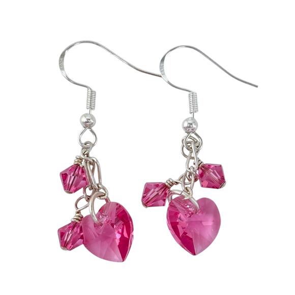 Estate Sterling Silver 925 Pink Crystal Dangle Earrings - Picture 4 of 8